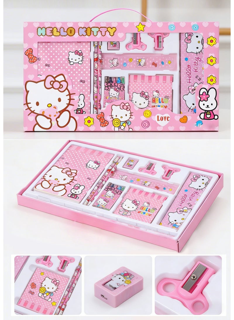 Hello Kitty 16-piece student stationery set, school supplies gift box set, suitable for primary school students, including pencils, erasers, pencil sharpeners-pencil cases-colored crayons-notebooks, etc. Birthday gift for back-to-school season - Image 1